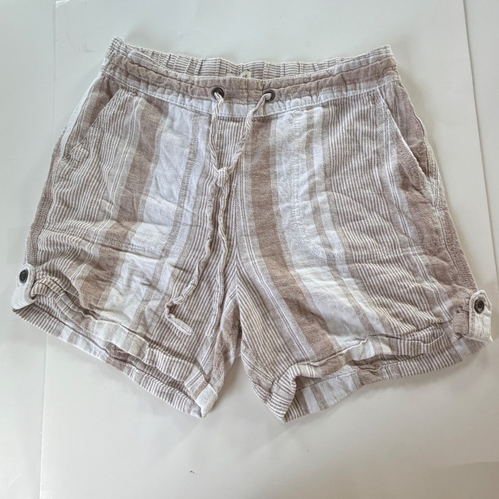Per se Striped Linen Blend Shorts Womens M Neutral Drawstring Coastal Minimalist